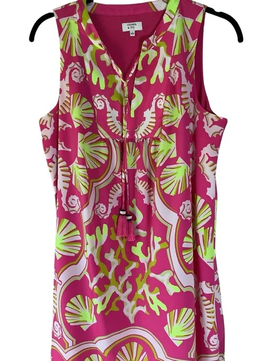 Crown & Ivy Pink Lime Seaside Seahorse Seashell Summer Sleeveless Dress sz 8 - Picture 9 of 11